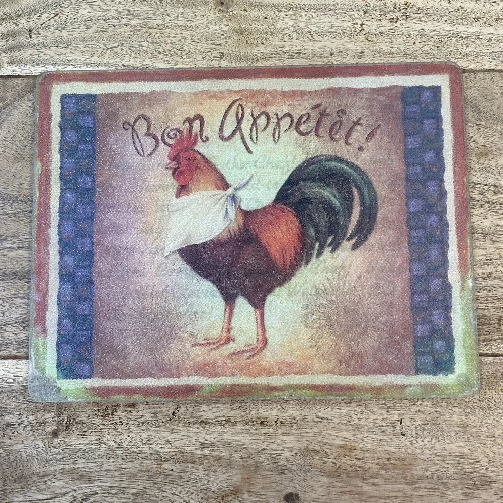 VTG Decorative Tempered Glass Cutting Board With Bon Appétit Rooster 11 1/2
